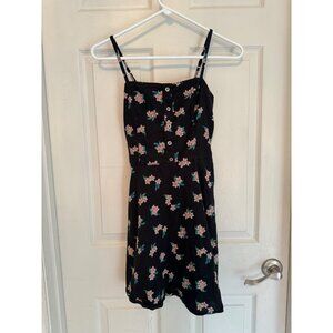 Hollister Floral Dress Navy Blue Mini Fit And Flare Strap Smocking Button XS